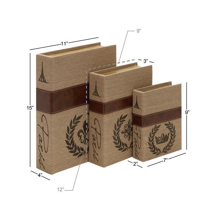 Burlap Covered Wooden Book Box, Set of 3, Brown