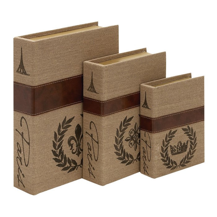 Burlap Covered Wooden Book Box, Set of 3, Brown