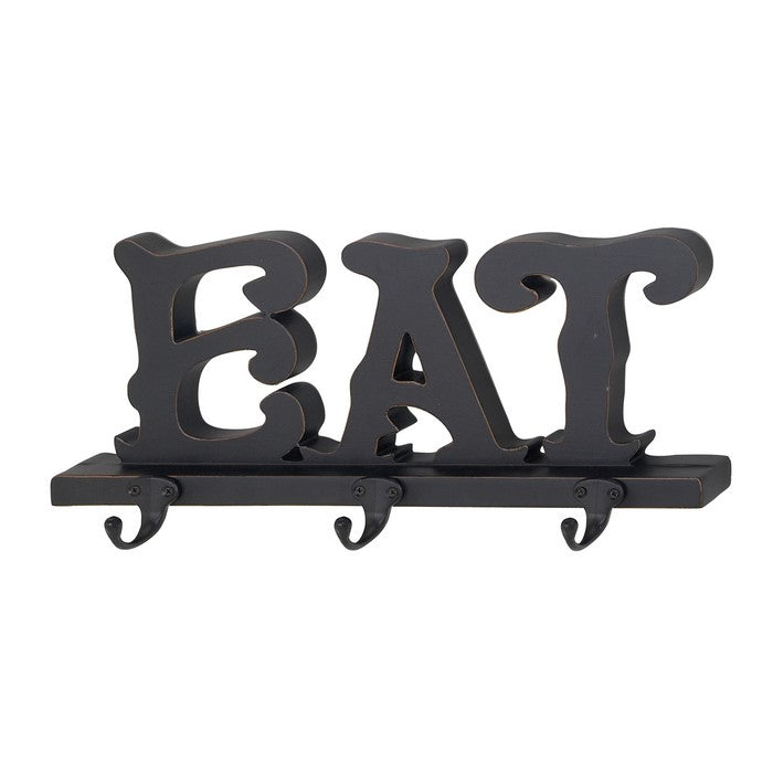 Wood and Metal Frame Wall Hook with Elegant Eat Typography, Black
