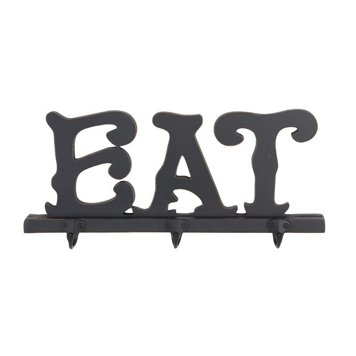 Wood and Metal Frame Wall Hook with Elegant Eat Typography, Black