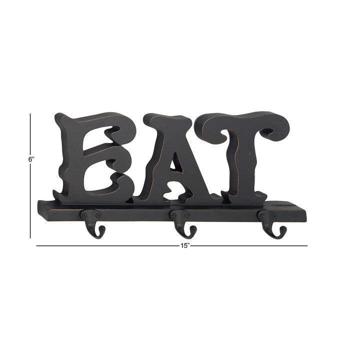 Wood and Metal Frame Wall Hook with Elegant Eat Typography, Black