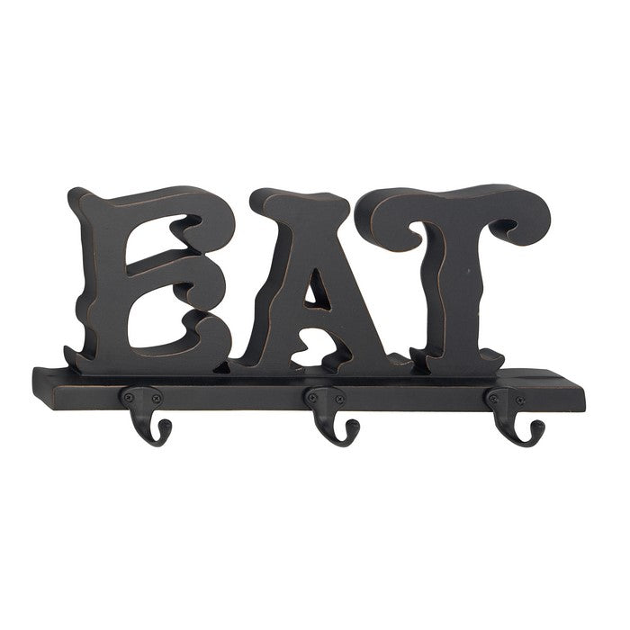 Wood and Metal Frame Wall Hook with Elegant Eat Typography, Black