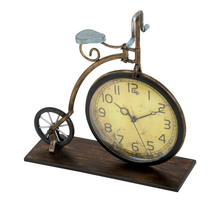 Bicycle Design Metal and Wooden Frame Clock, Brass