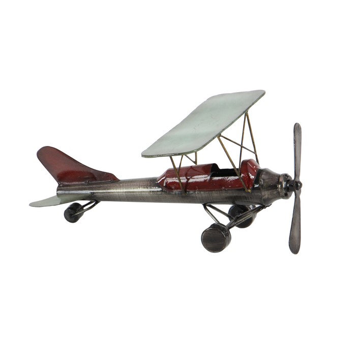 Metal Frame Airplane Sculpture with Stable Base, Gray and Red