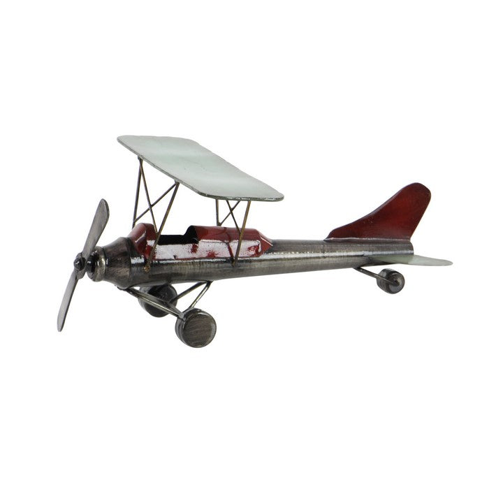 Metal Frame Airplane Sculpture with Stable Base, Gray and Red