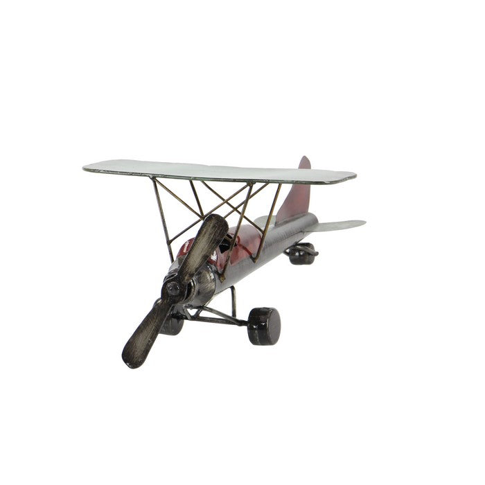 Metal Frame Airplane Sculpture with Stable Base, Gray and Red