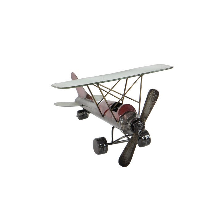 Metal Frame Airplane Sculpture with Stable Base, Gray and Red