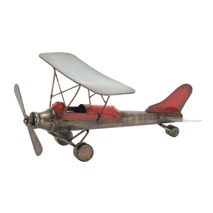 Metal Frame Airplane Sculpture with Stable Base, Gray and Red