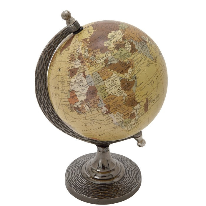 Metal Frame Globe Sculpture with Round Stable Base, Silver and Brown