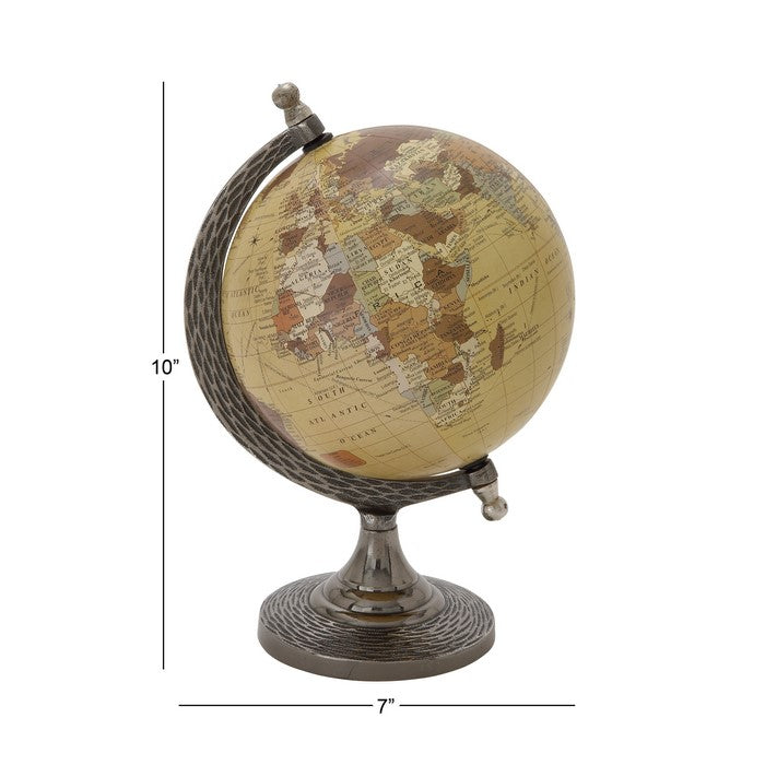 Metal Frame Globe Sculpture with Round Stable Base, Silver and Brown