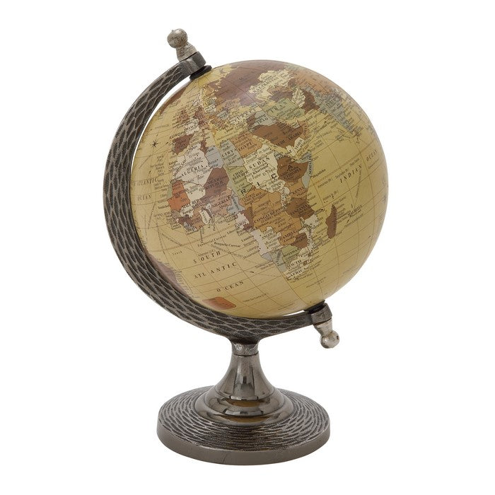 Metal Frame Globe Sculpture with Round Stable Base, Silver and Brown