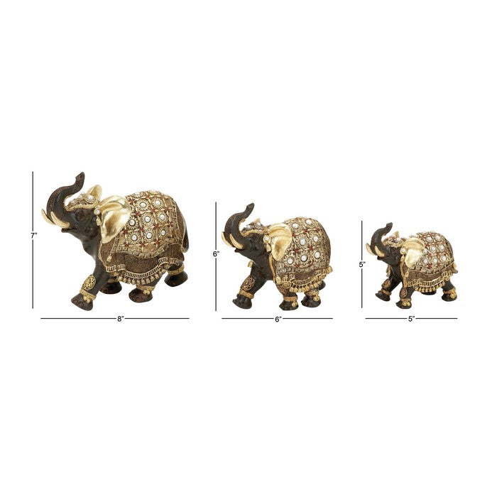 Polystone Frame Elephant Sculpture with Raised Trunk, Set of 3, Multicolor
