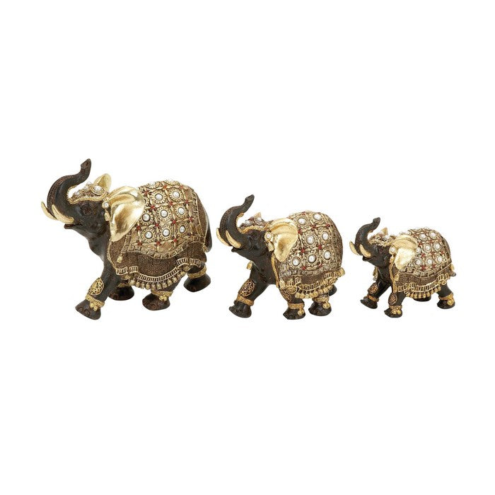 Polystone Frame Elephant Sculpture with Raised Trunk, Set of 3, Multicolor