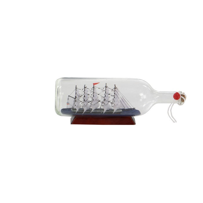 Glass Ship in Bottle Accent Decor with Wooden Base, Clear and Brown