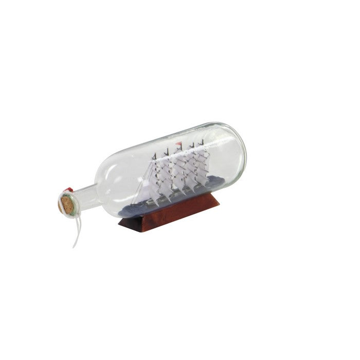 Glass Ship in Bottle Accent Decor with Wooden Base, Clear and Brown