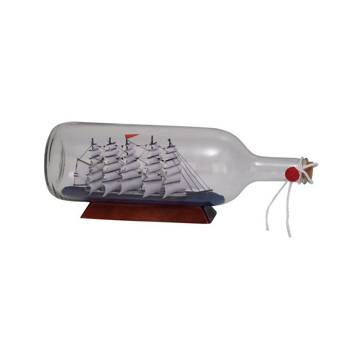 Glass Ship in Bottle Accent Decor with Wooden Base, Clear and Brown