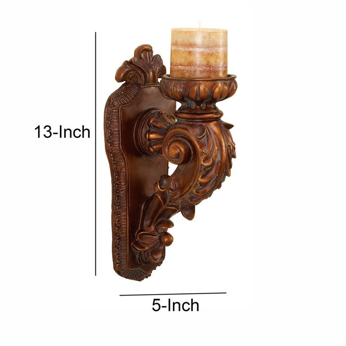Polystone Wall Sconce with Engraved Details, Brown