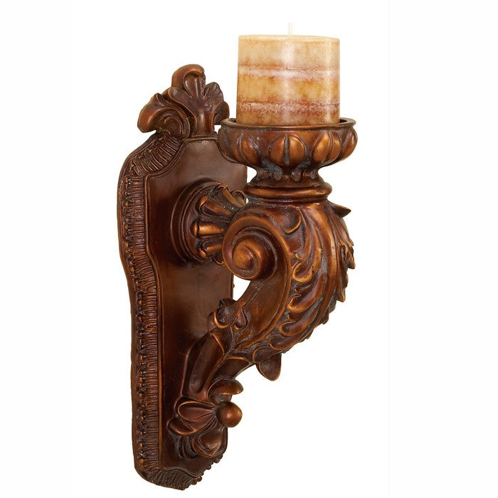 Polystone Wall Sconce with Engraved Details, Brown