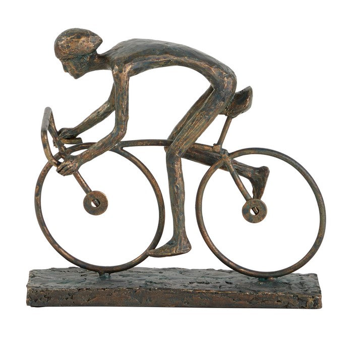 Polystone Man Sculpture Riding Bicycle with Stable Base, Bronze
