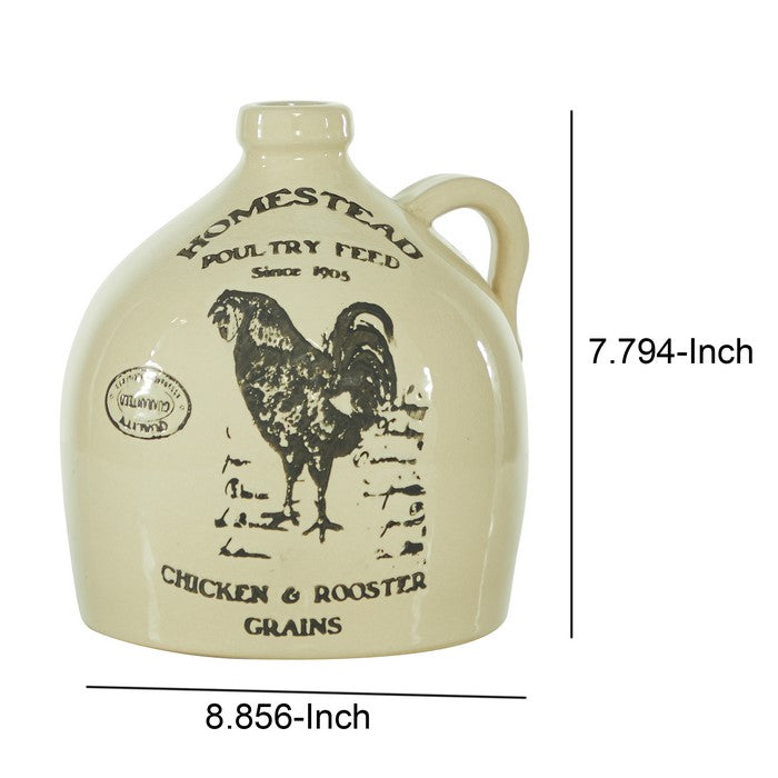 9.75 Inches Ceramic Vase with Rooster Print and Typography, Off White