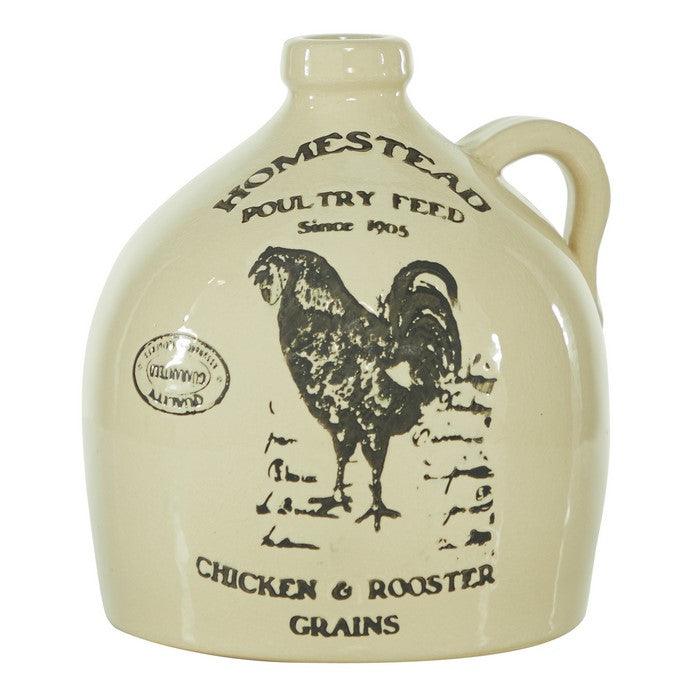 9.75 Inches Ceramic Vase with Rooster Print and Typography, Off White