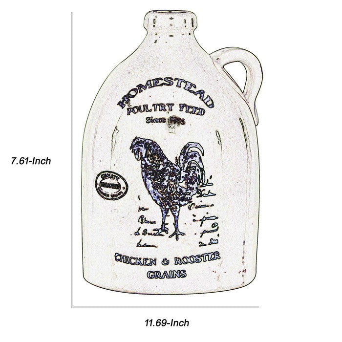 12.5 Inches Ceramic Vase with Rooster Print and Typography, Off White