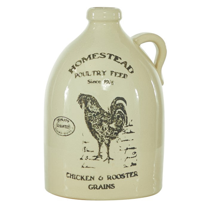 12.5 Inches Ceramic Vase with Rooster Print and Typography, Off White