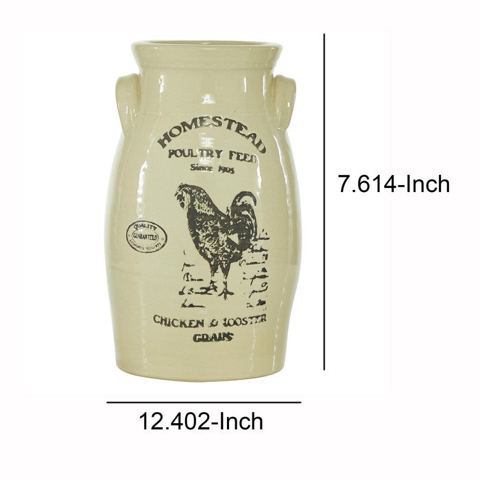 14 Inches Ceramic Vase with Rooster Print and Typography, Off White