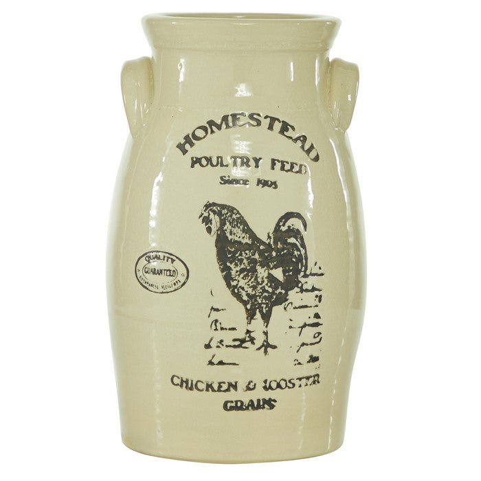 14 Inches Ceramic Vase with Rooster Print and Typography, Off White