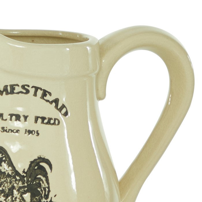 9 Inches Ceramic Vase with Rooster Print and Typography, Off White