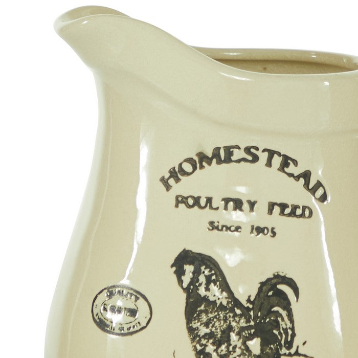 9 Inches Ceramic Vase with Rooster Print and Typography, Off White