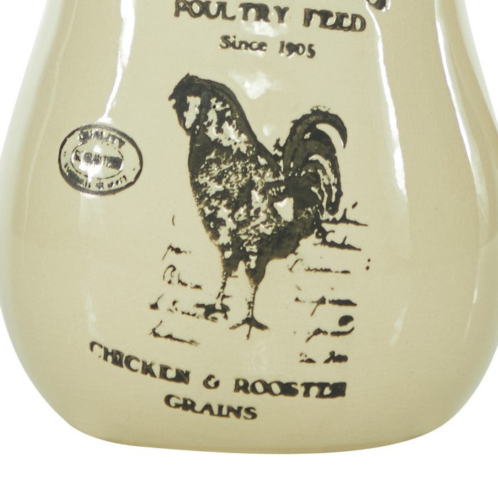 9 Inches Ceramic Vase with Rooster Print and Typography, Off White