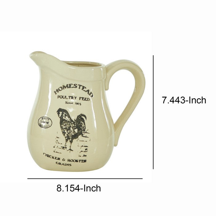 9 Inches Ceramic Vase with Rooster Print and Typography, Off White