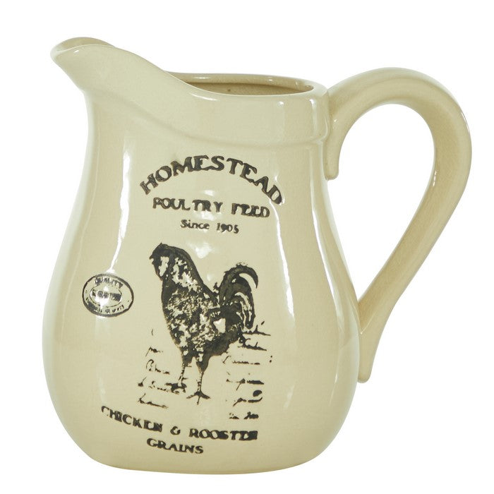 9 Inches Ceramic Vase with Rooster Print and Typography, Off White
