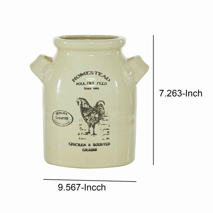 10.25 Inches Ceramic Vase with Rooster Print and Typography, Off White