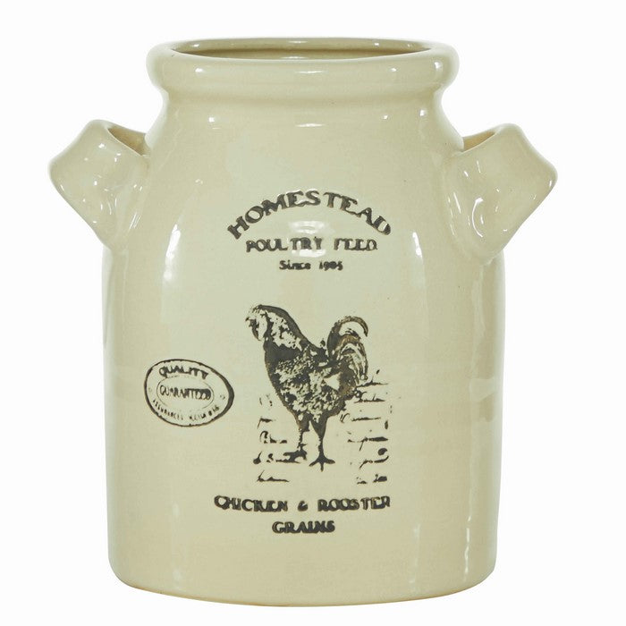 10.25 Inches Ceramic Vase with Rooster Print and Typography, Off White