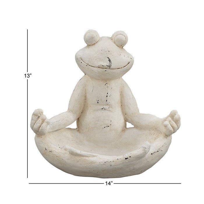 Meditating Polystone Frame Frog Sculpture, Antique White