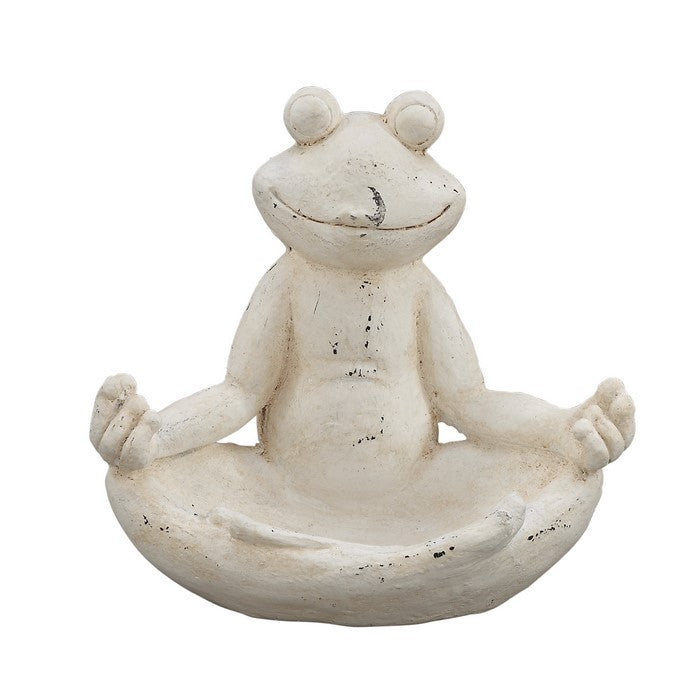 Meditating Polystone Frame Frog Sculpture, Antique White