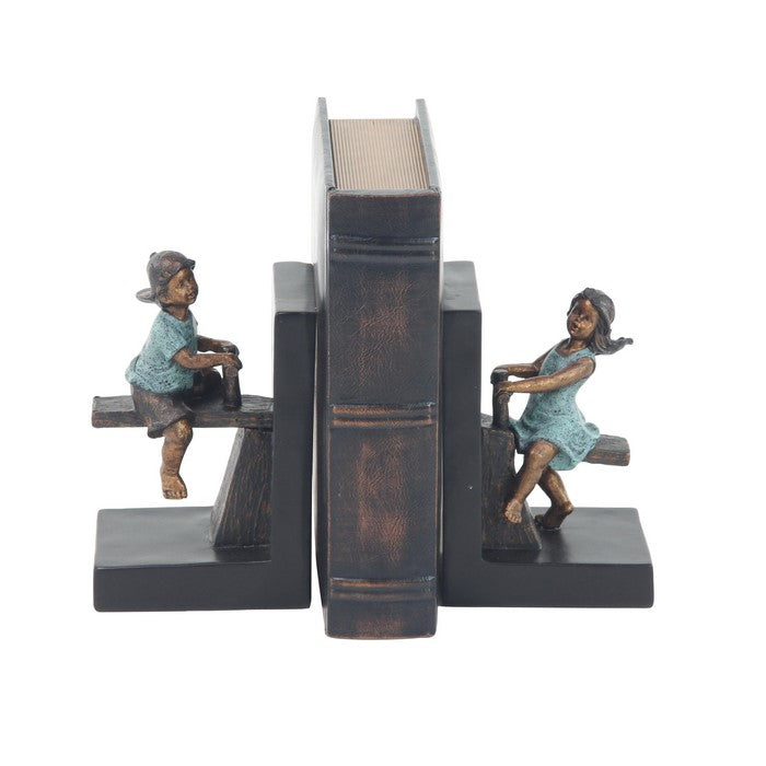 Polystone Frame Boy and Girl Bookend Pair, Dark Brown