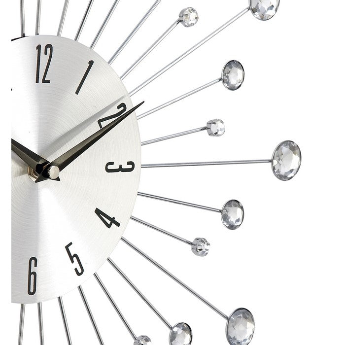 Round Metal Frame Wall Clock with Sunburst Design, Silver