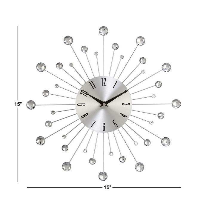 Round Metal Frame Wall Clock with Sunburst Design, Silver