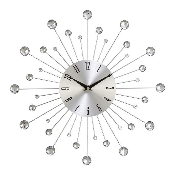 Round Metal Frame Wall Clock with Sunburst Design, Silver