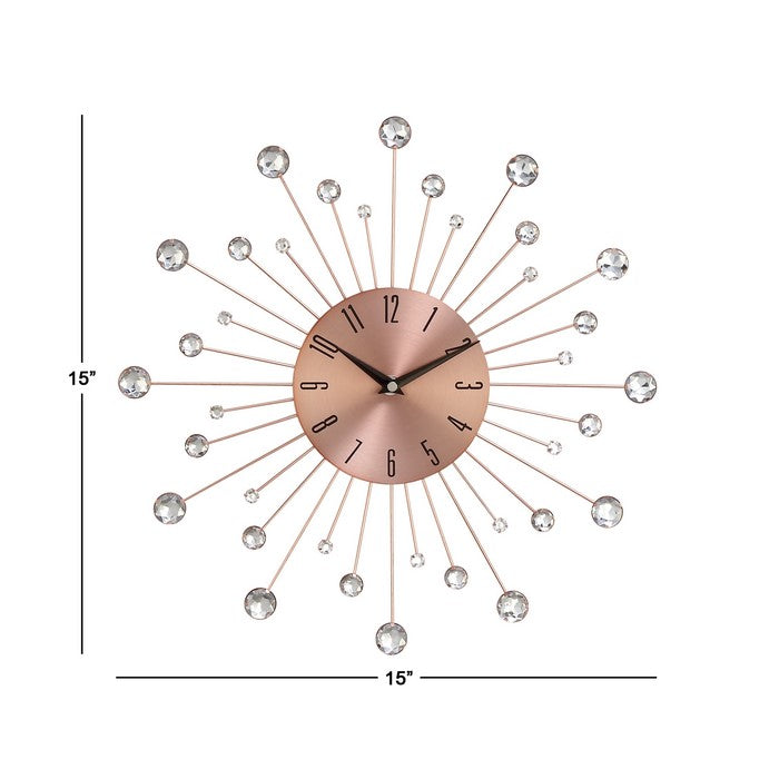 Round Metal Frame Wall Clock with Sunburst Design, Copper and Silver