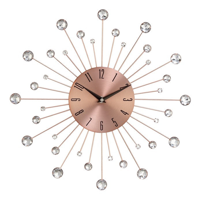 Round Metal Frame Wall Clock with Sunburst Design, Copper and Silver