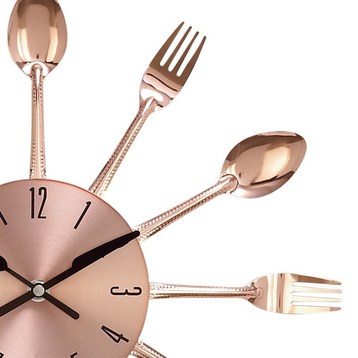 Round Metal Frame Wall Clock with Forks and Spoons Accent,Copper and Silver