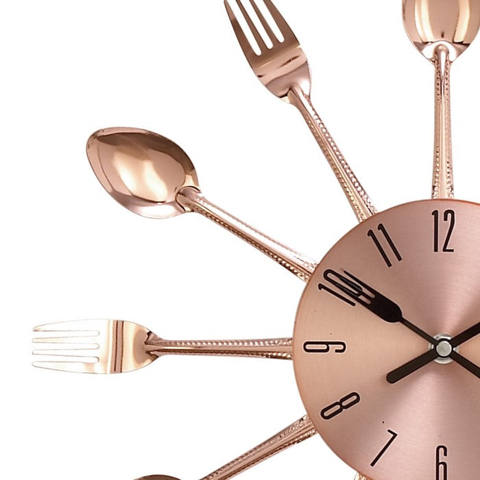 Round Metal Frame Wall Clock with Forks and Spoons Accent,Copper and Silver