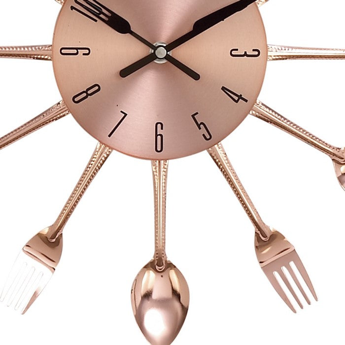 Round Metal Frame Wall Clock with Forks and Spoons Accent,Copper and Silver