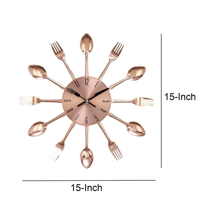 Round Metal Frame Wall Clock with Forks and Spoons Accent,Copper and Silver