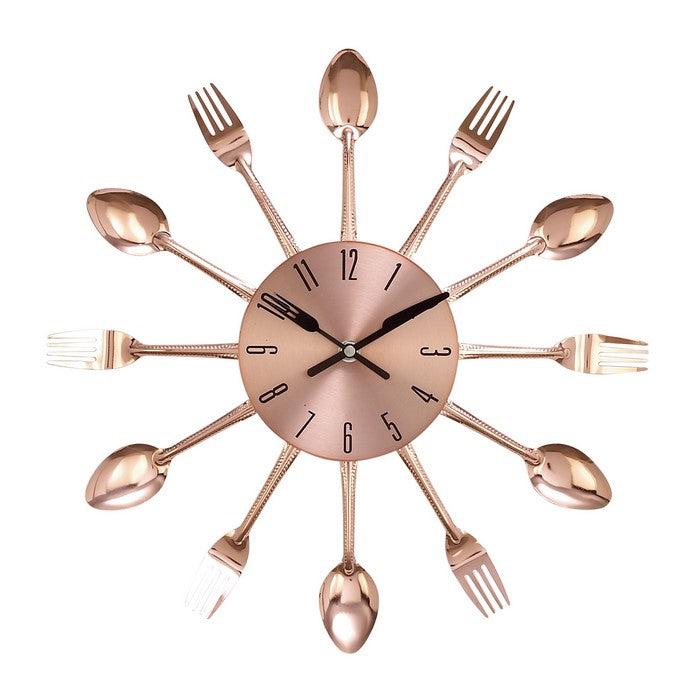 Round Metal Frame Wall Clock with Forks and Spoons Accent,Copper and Silver