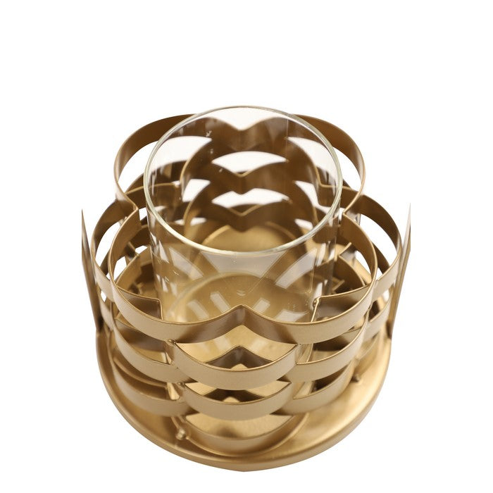 Metal Frame Candle Holder with Glass Hurricane, Small, Gold and Clear